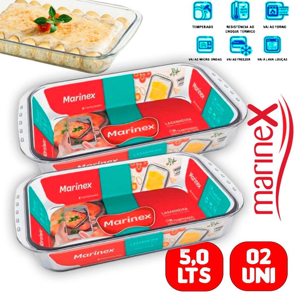 Assadeiras Forma Retangular Funda Jogo 2 grande de 5l vidro temperado Lasanheira Marinex