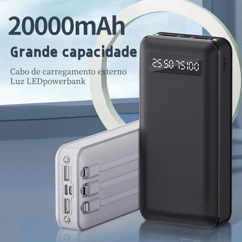 Carregador Power Bank Portátil  Carregador de Bateria Externo Embutido 4 Cabos 20000mAh em Oferta na Shopee