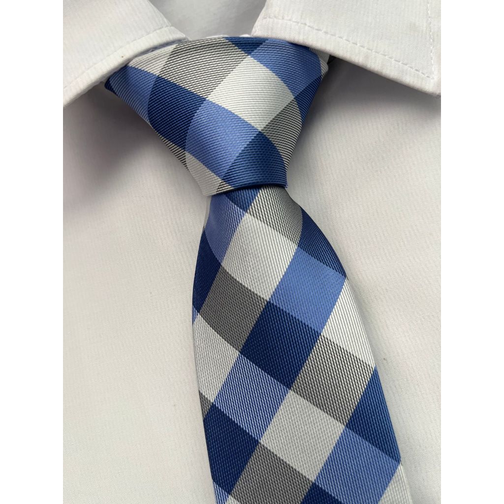 Gravata Xadrez Semi Slim Azul e Cinza em Oferta na Shopee
