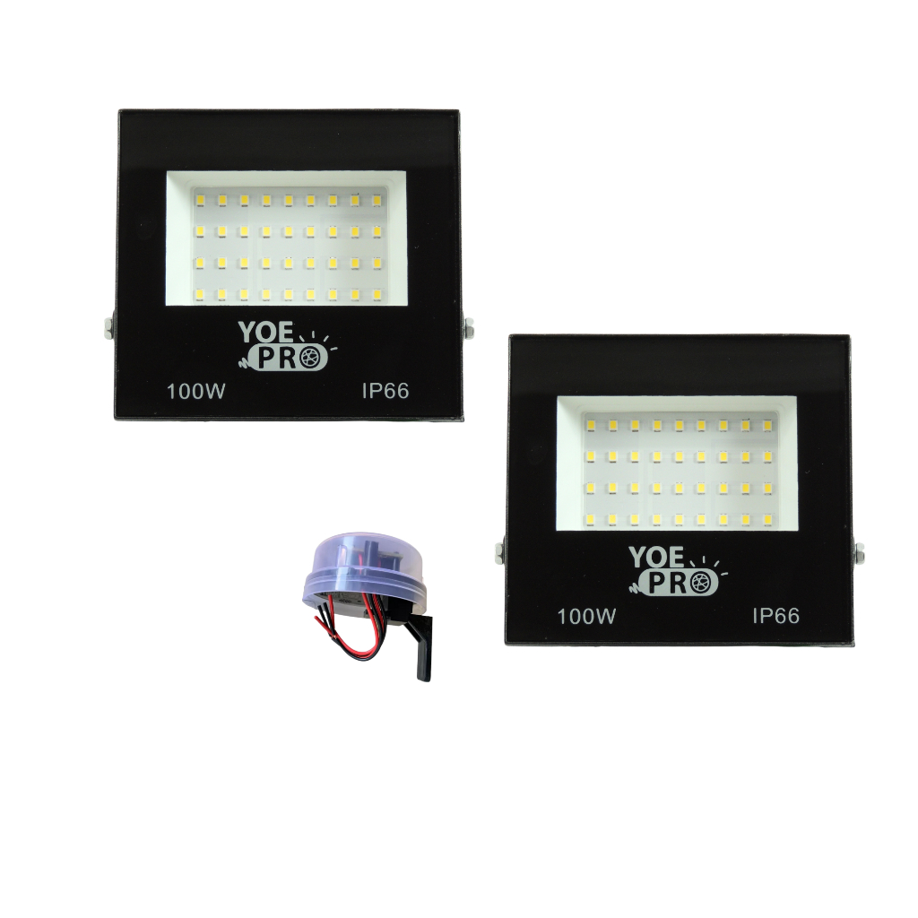 Kit 02-Refletores  Led 100w - Branco Frio e 01-Sensor Fotocélula Acende a Noite Apaga ao Amanhecer
