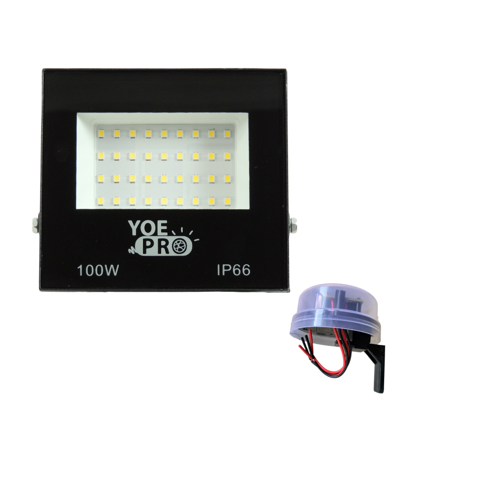 COMBO* 01-Refletor Holofote Led 100w - Branco Frio e 01-Sensor Fotocélula Acende Noite e Apaga Dia