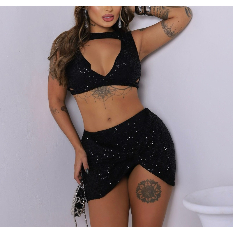 Conjunto Cropped e Short Saia Curta Paetês Lantejoulas Brilho Sensual Premium Festa Balada Moda Blogueira DRM D541