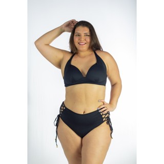Biquíni Plus Size Cós Médio com Trançado Lateral e Bojo em V em Oferta na Shopee