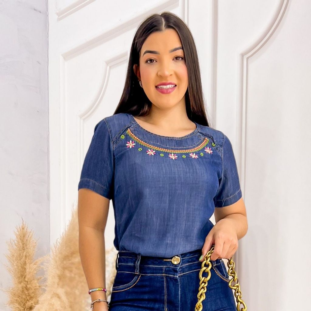 50480-Blusa feminina Blusa Jeans Feminina com manga curta Bordada