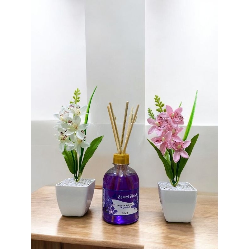 Imagem Kit 2 Vasos Decorativos com Flores + Difusor de Aromas 270ml – Para Sala, Quarto, Banheiro e Escritório