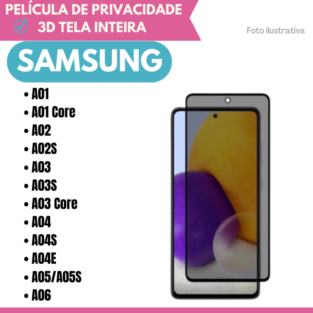 Película de Vidro de Privacidade Para Samsung A01/A01 Core/A02/A02S/A03/A03S/A03 Core/A04/A04S/A04E/A05-A05S/A06.