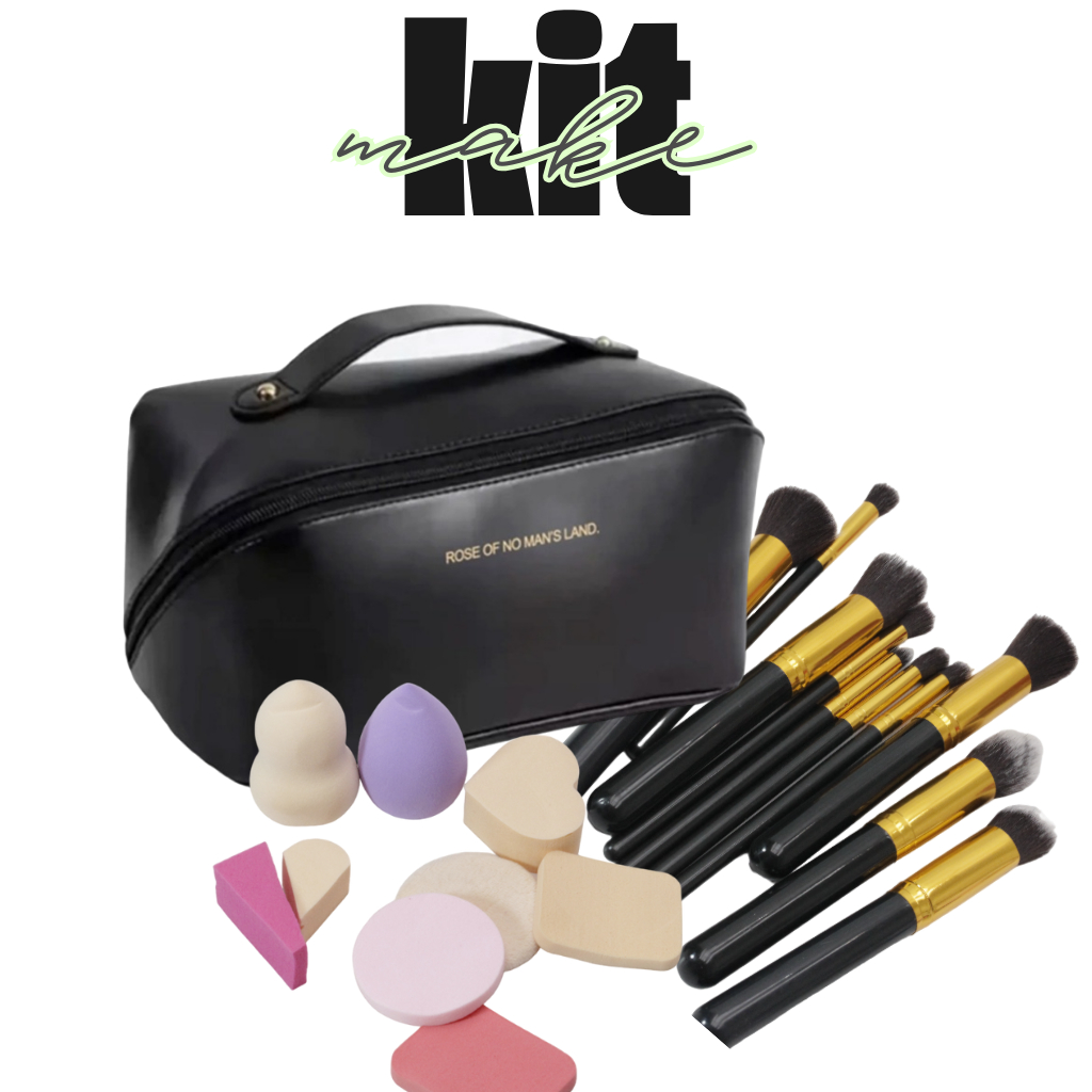 Kit com Necessaire , Esponjas para Base e Pó, Pincel kabuki 10 Peças Kit Para Viagem e Maq...