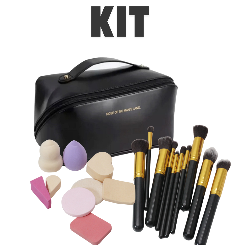 Kit Bolsa Necessaire, Esponjas para Base e Pó, Pincel kabuki 10 Peças Kit Para Viagem e Maquiagem