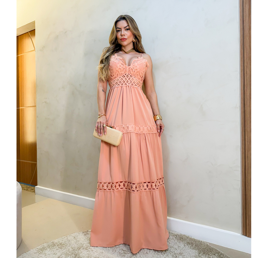 Vestido Longo Feminino Elegante de Alcinha Com Bojo Festa Moda Verão 3RD SD1290