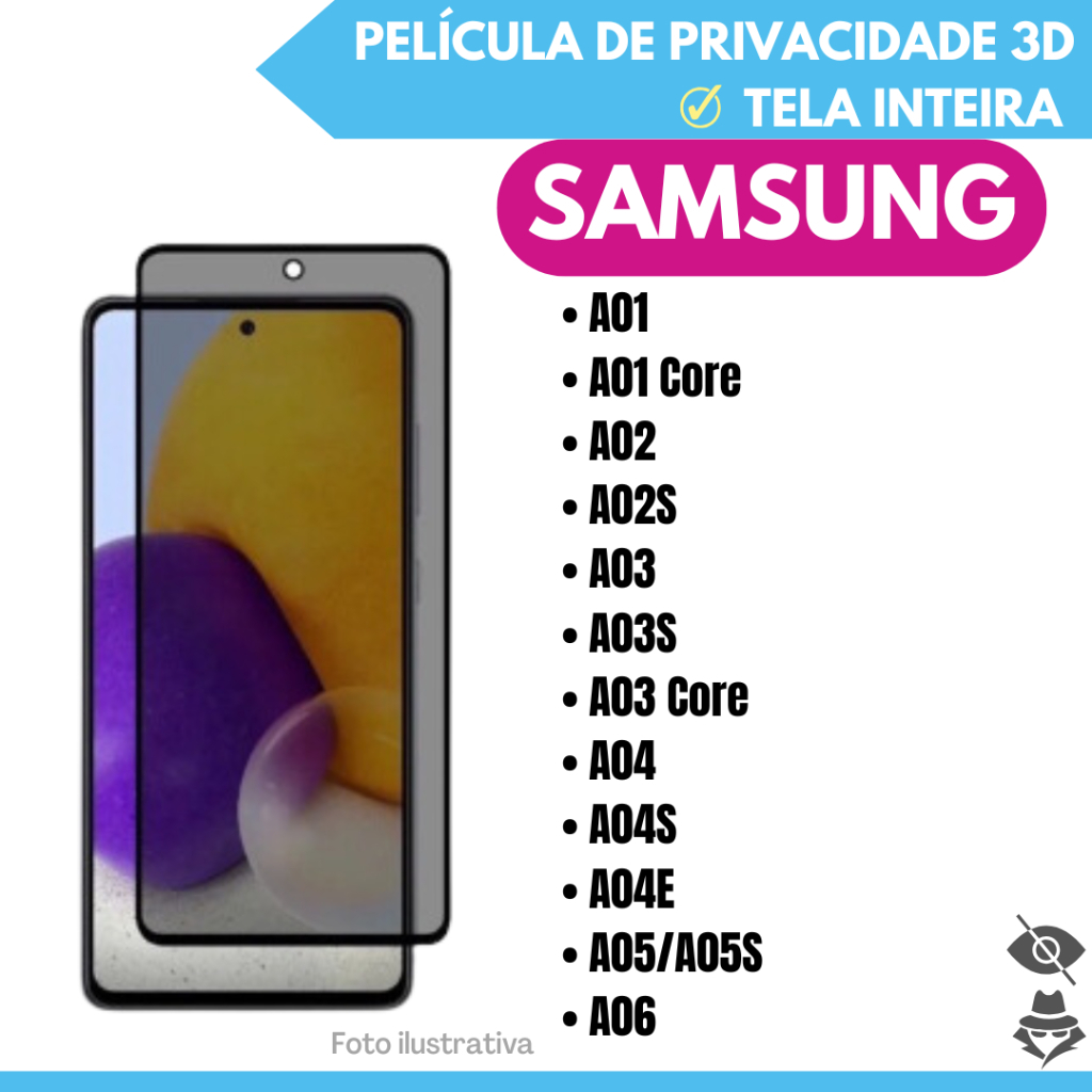Película de Vidro de Privacidade Para Samsung A01/A01 Core/A02/A02S/A03/A03S/A03 Core/A04/A04S/A04E/A05/A05S/A06.