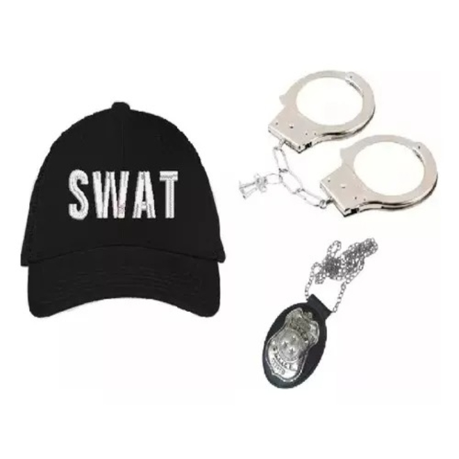kit policial boné mais acessórios algema e distintivo / POLICE- SWAT- FBI