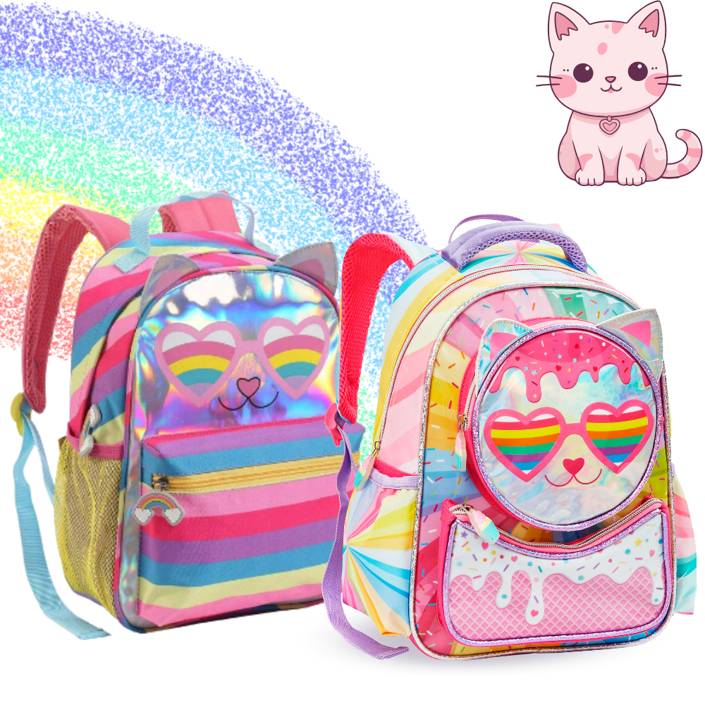 Mochila Feminina Infantil Escolar Menina Gatinha Holográfica Reforçada Pequena e Grande