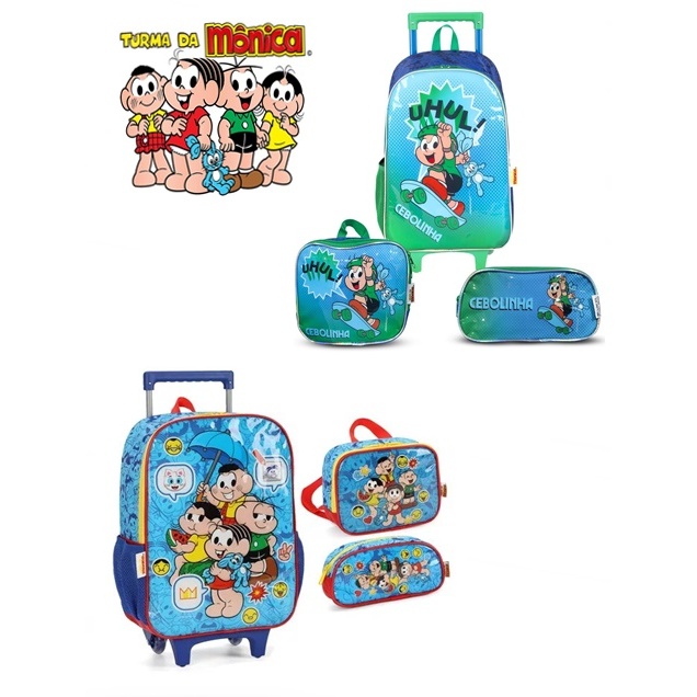 Kit Mochila de Rodinha G  + Lancheira e Estojo Turma da Mônica Magali Cebolinha Cascão - Volta as aulas