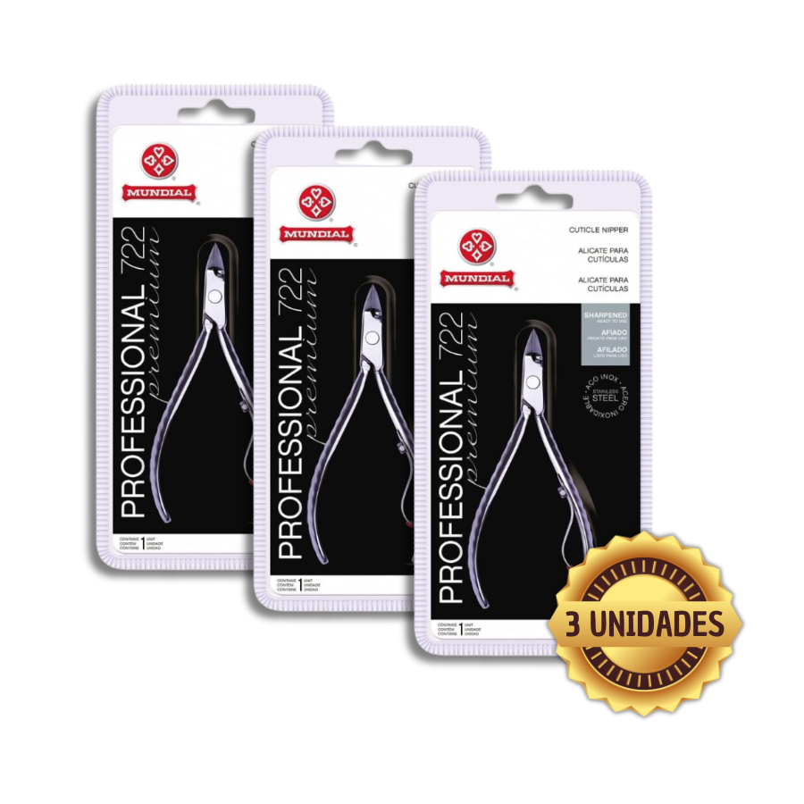 Mundial Kit com 3 Alicates de Cutícula 722 Profissional – Aço Inox, Corte Preciso e Durabilidade