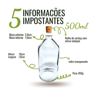 05 Garrafa de vidro de 500ml Com rolha para sais de banho sucos vinho bebidas, terrário, óleos aromáticos e essências em Oferta na Shopee