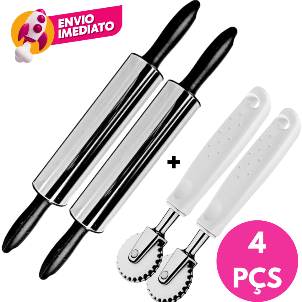 Kit 02 Rolo Abrir Massa E 02 Carretilha Abre E Fecha Pastel Salgado Confeitaria Bar Cozinha