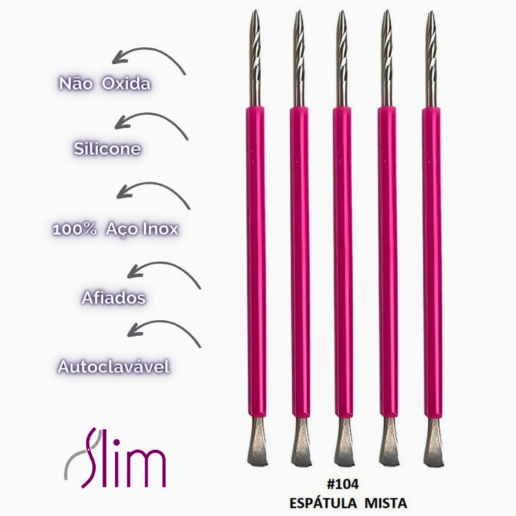 Kit 05 Espátulas Slim -  Bastão Mista Unha Inox ROSA Com Silicone Cutelaria Manicure