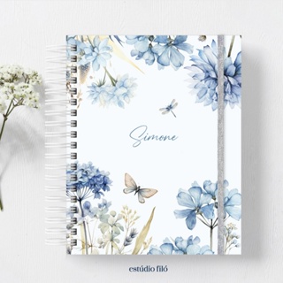 Caderno personalizado floral azul com nome na capa - 90fls em Oferta na Shopee