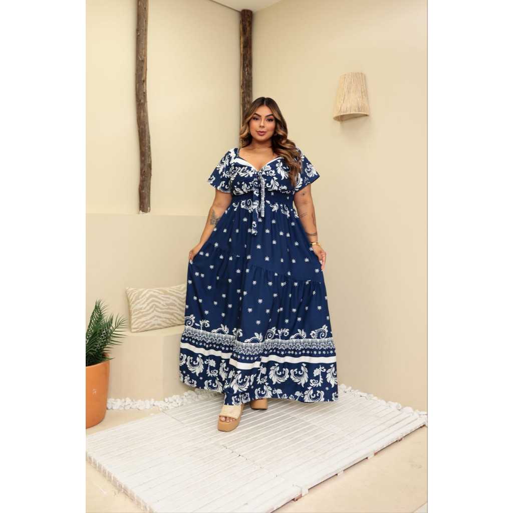 1 Vestido Feminino Plus Size Estampado Decote V Manga Curta Floral evangelico Longo de festa