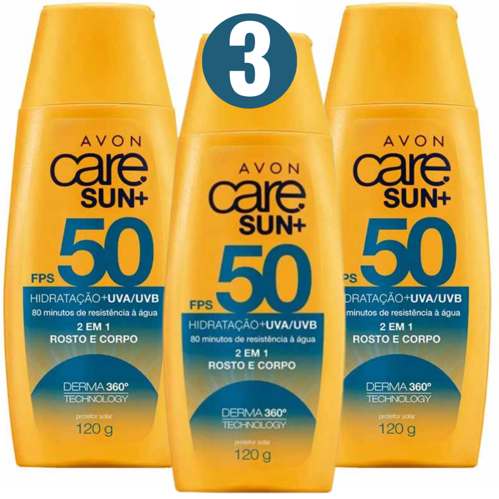 Kit 3 Protetor Solar Corporal e Facial - 2 em 1 FPS 50 Avon Care Sun+ 120g