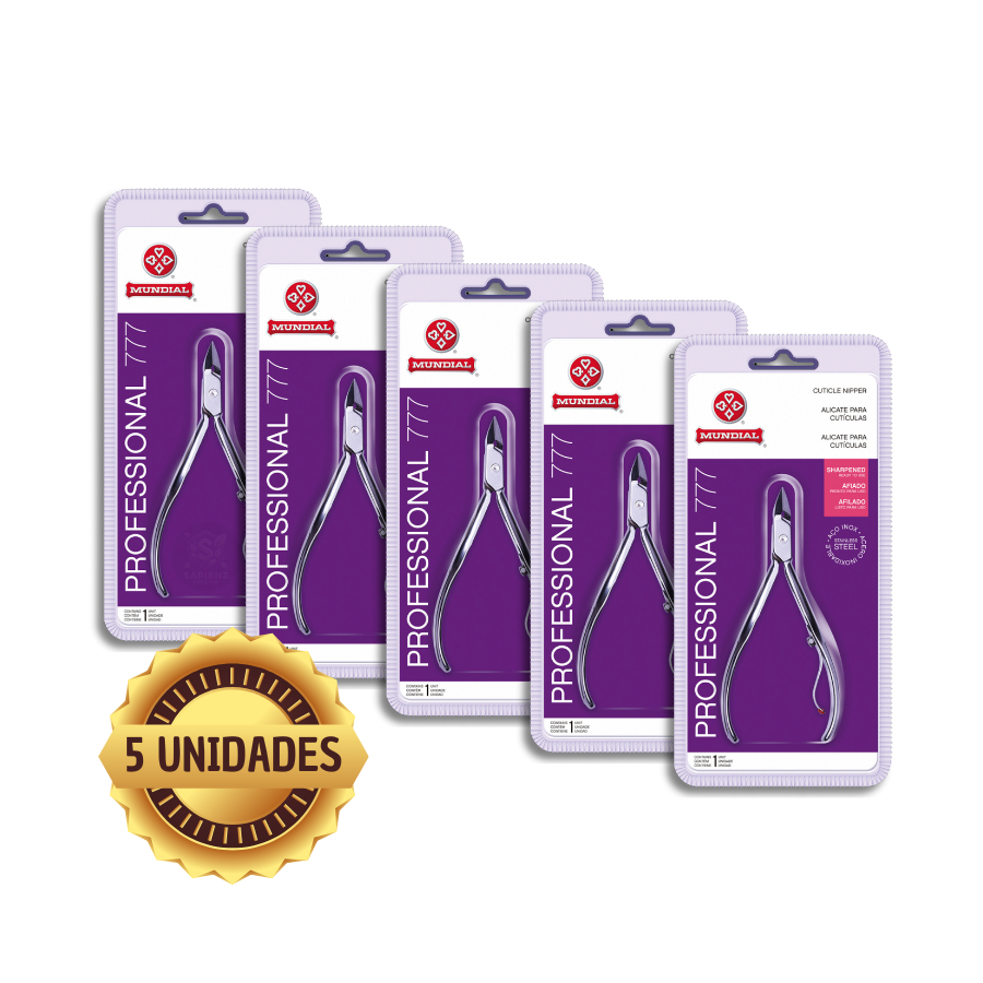 Mundial Kit com 5 Alicates de Cutícula 777 Profissional – Aço Inox, Corte Preciso, Alta Durabilidade