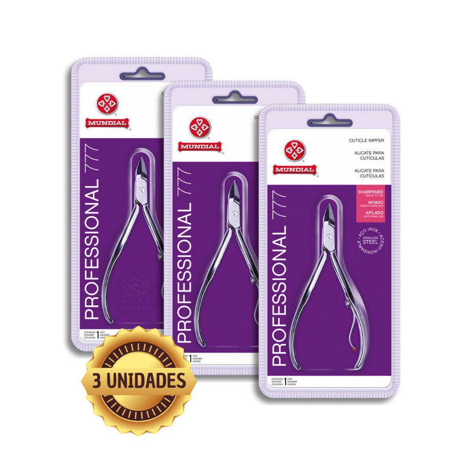 Mundial Kit com 3 Alicates de Cutícula 777 Profissional – Aço Inox, Corte Preciso, Alta Durabilidade