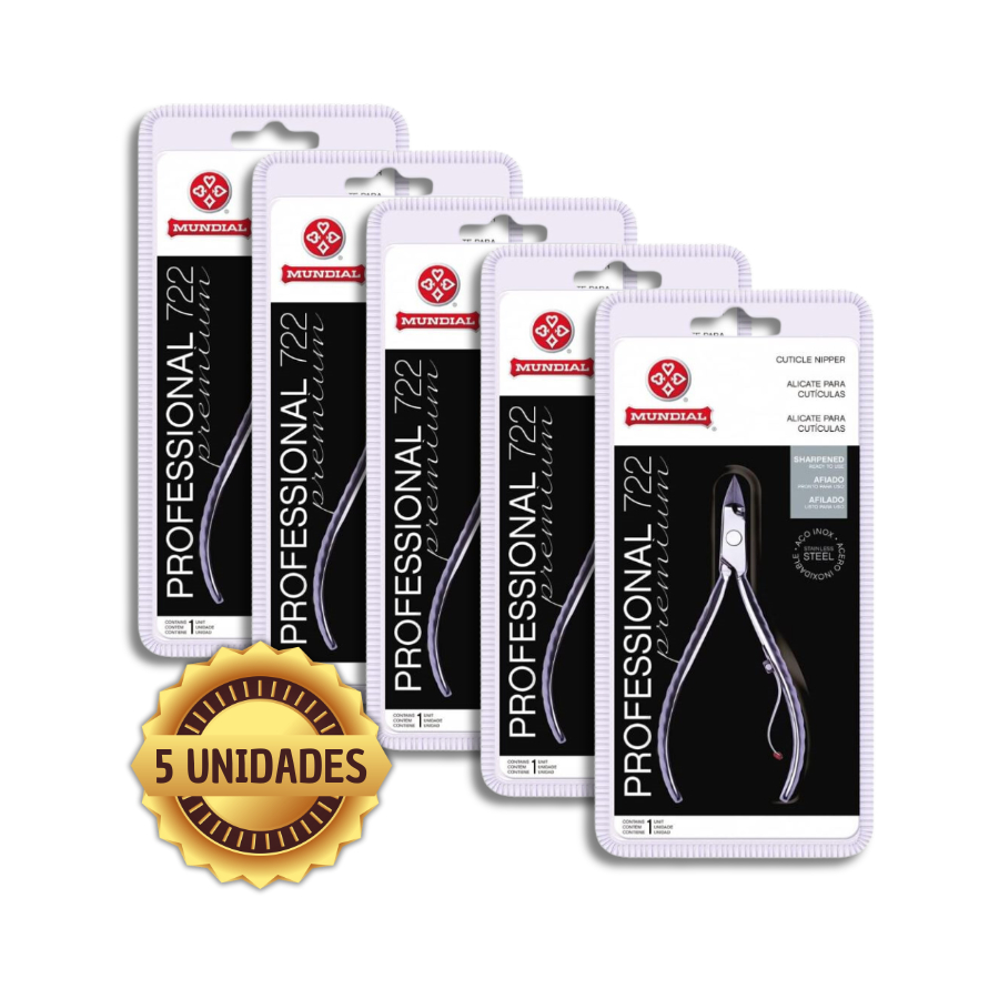 Mundial Kit com 5 Alicates de Cutícula 722 Profissional – Aço Inox, Corte Preciso e Durabilidade