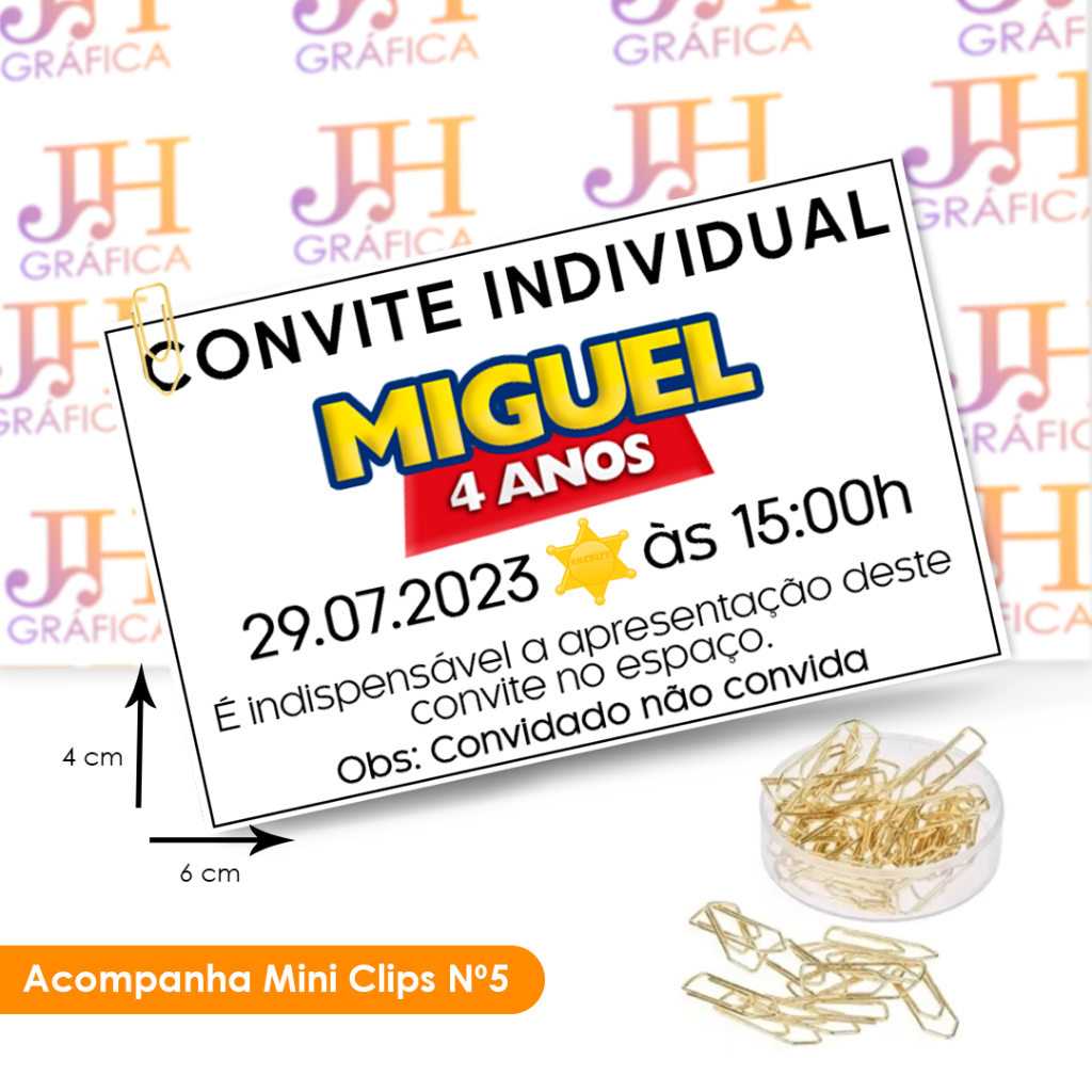 Convites individuais infantil qualquer tema + clips dourados I Tam 6x4cm