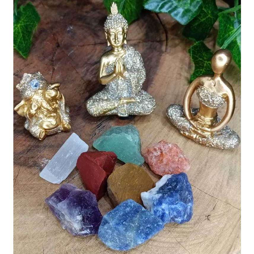Imagem Kit 7 Pedras dos Chakras + 1 Estatua Buda ou Ganesha ou Menina ou Elefante Meditação
