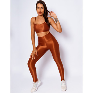 Conjunto Top + Legging Canelado Top Com Bojo Removível Costura Reforçada Academia Poliamid...
