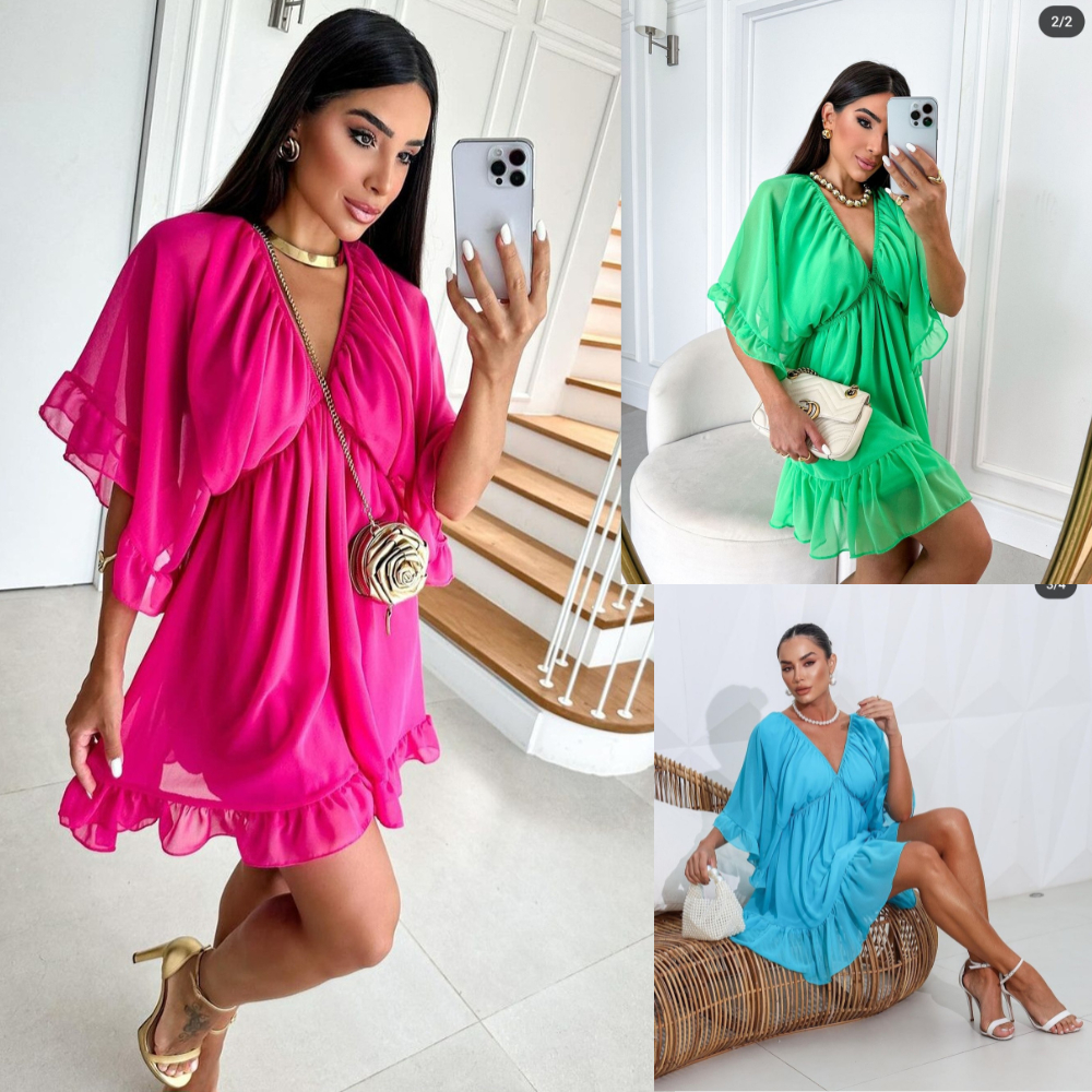 Vestido Feminino LIA Elegante Chiffon Curto Bata Soltinho Babados Decote V Verão Festa
