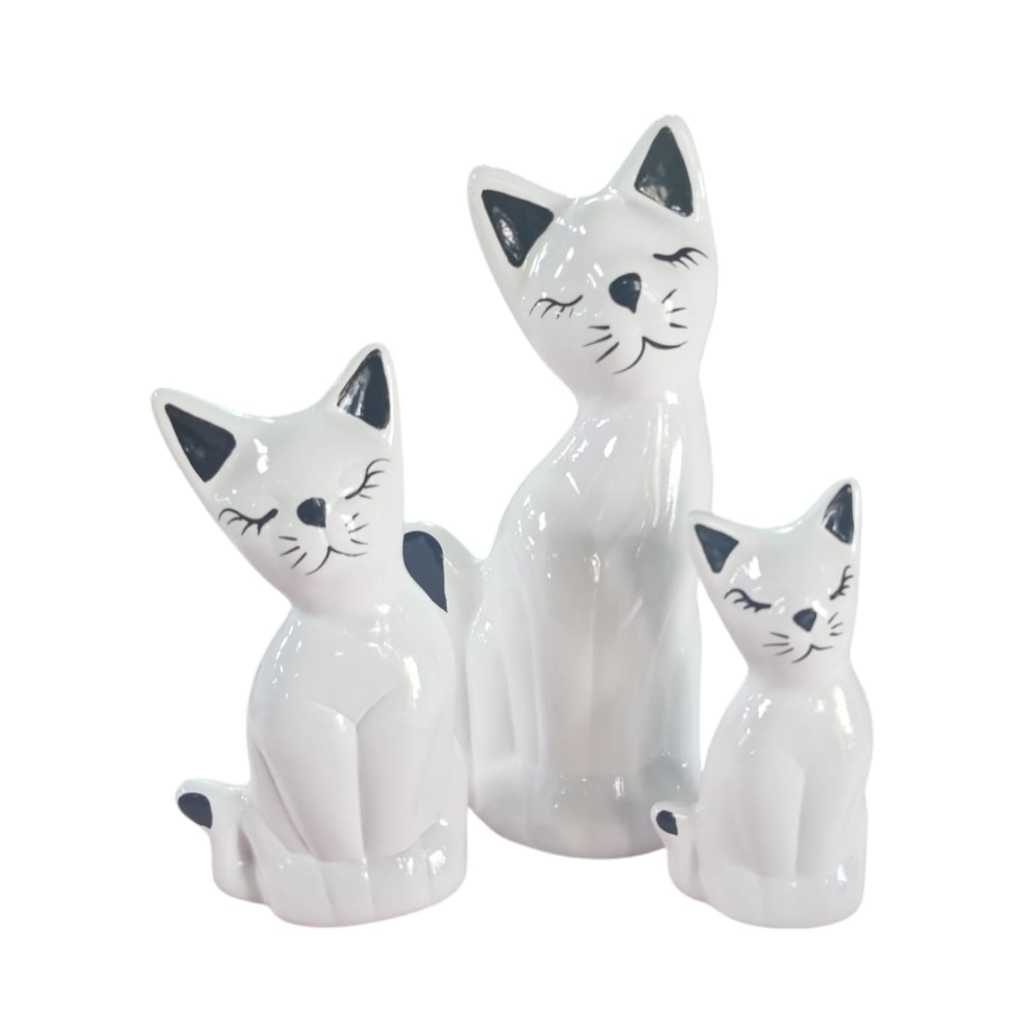 estatueta enfeite decorativo trio de gatos em ceramica enfeite rack