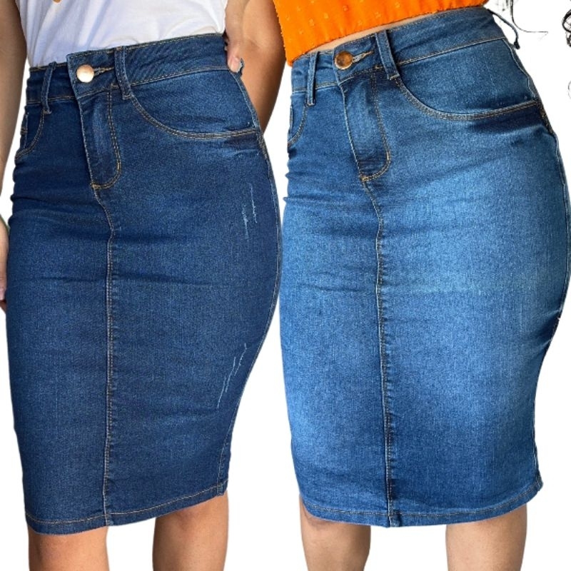 Kit 2 Saias jeans Midi Com Elastano Cintura Alta Secretária Moda Evangélica em Oferta na Shopee