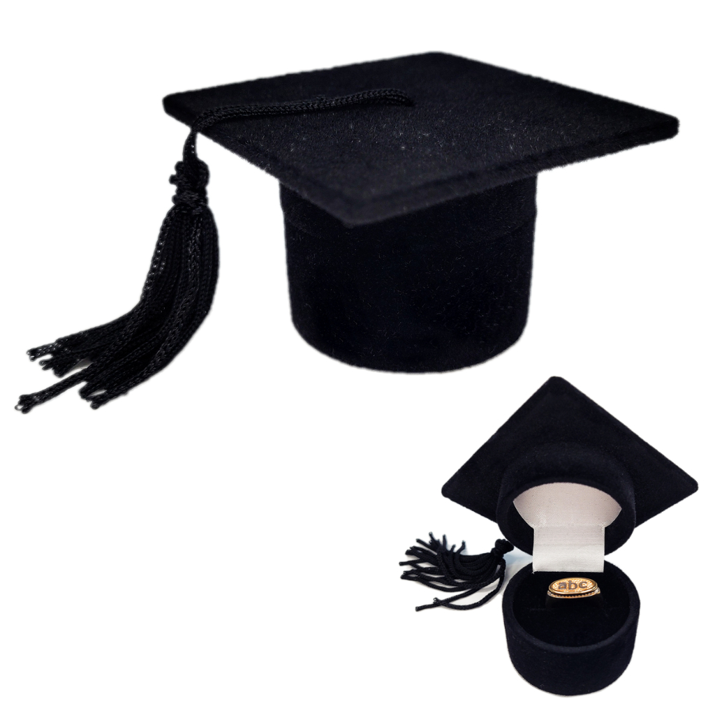Estojo Caixinha Capelo Chapéu de Formatura Formando Veludo Preto Brinco Anel Aliança Joia
