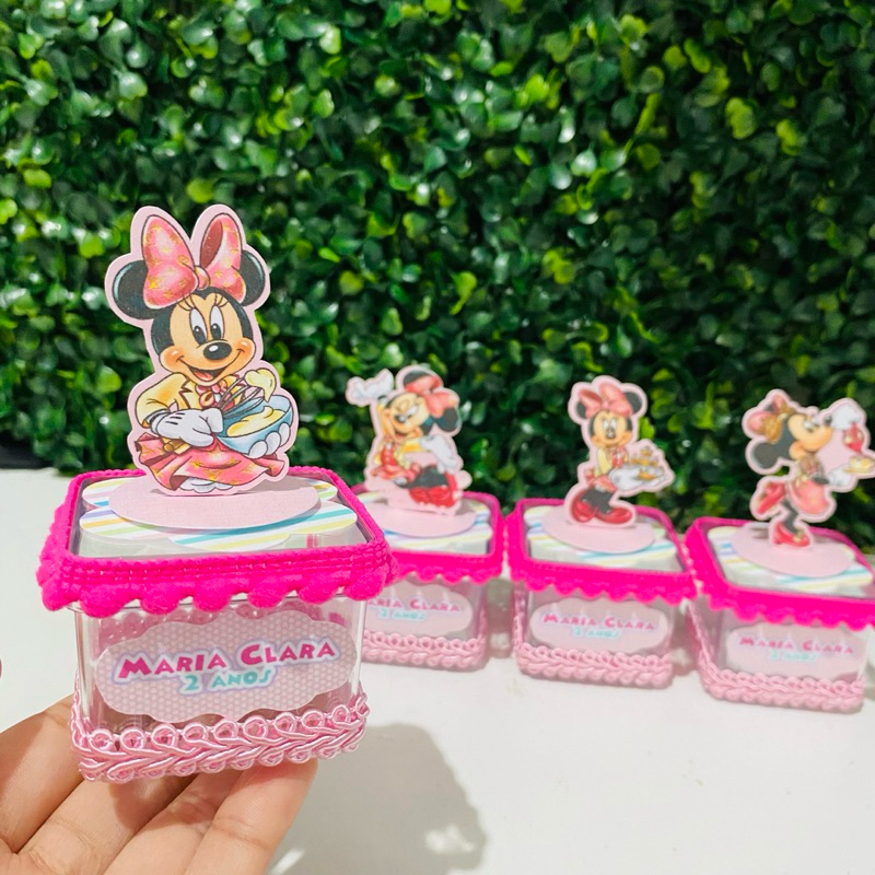 Kit 10 Caixas Acrílica 5x5 Minnie Confeiteira Lembrancinha Personalizada Luxo | Festa Infantil