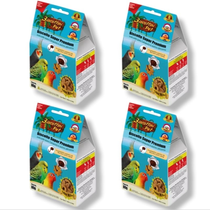 Kit 4 Biscoitos Petiscos Para Periquitos e Outras Aves Biscottini pet 80 Gr
