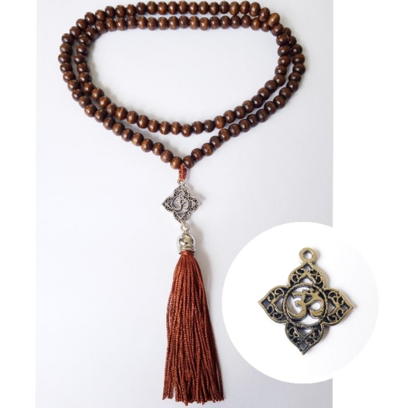 Imagem Japamala 108 Contas Madeira Com Pingente Flor Símbolo Om Rosário Budista Meditação Ref:432