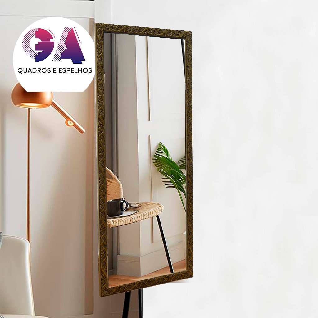 Espelho 40x90 Moldura Dourado Trabalhado Para corredor, Quarto e Sala, Meio Corpo Para Decoração