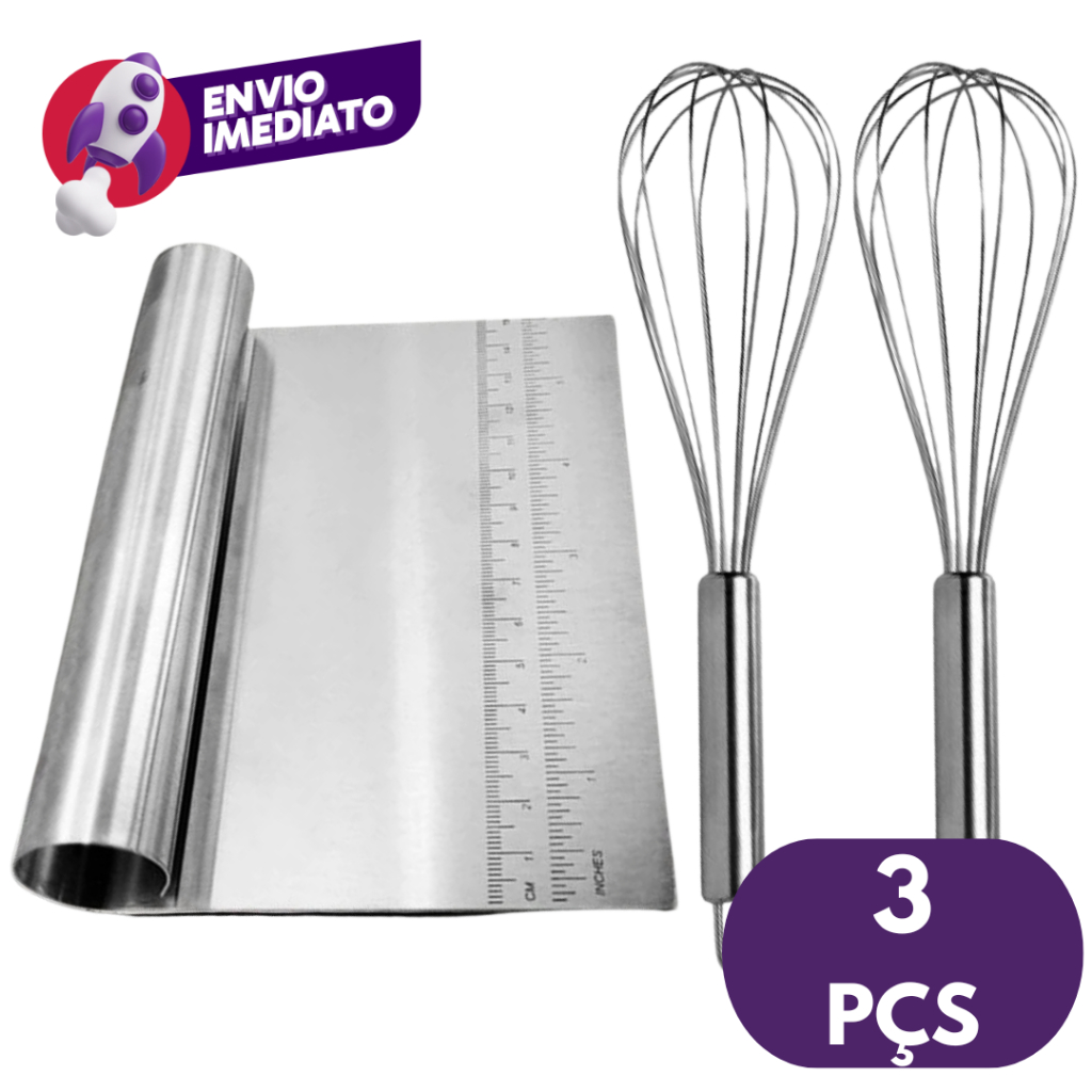Kit 03 Itens: Espátula Reta Massa E Legumes + 02 Batedor Claras Fouet Em Aço Inox