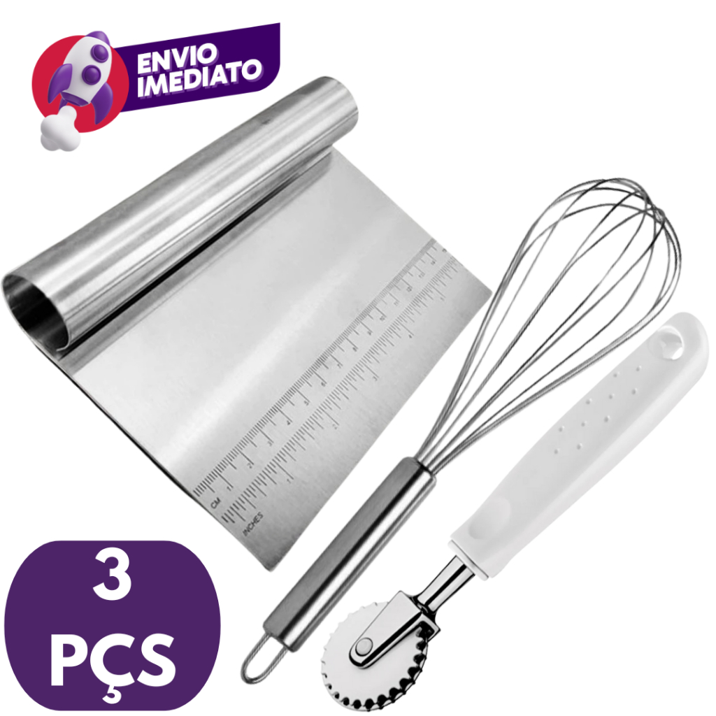 Kit 03 Itens: Espátula Reta Massa e Legumes + Carretilha Corta e Fecha Massa + Batedor Claras Fouet