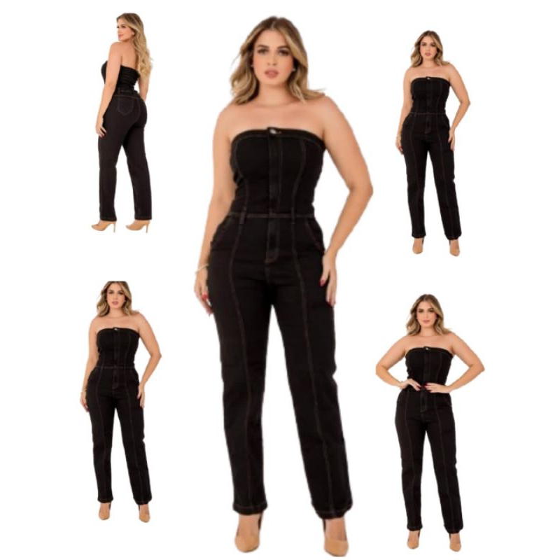 Macacão Flare Jeans Feminino Tomara-que-caia Preto Exclusivo