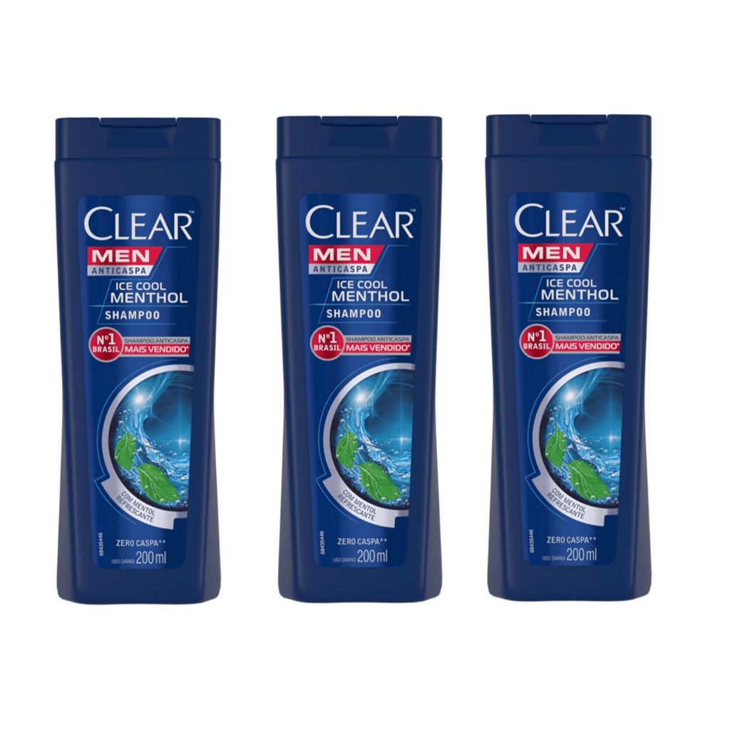 Kit com 03un Shampoo Anticaspa Clear Men Ice Cool Menthol 200ml