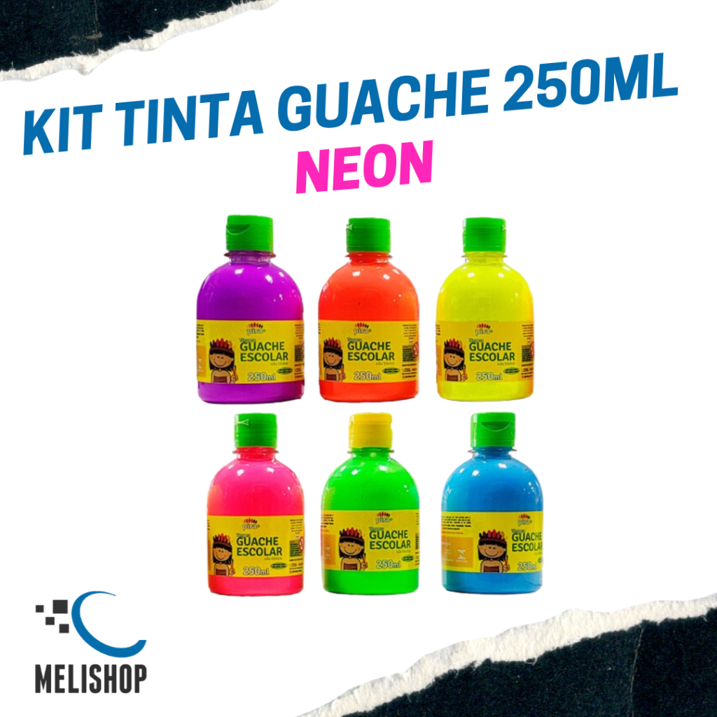 Kit 6 cores Tinta Guache Neon 250ml Original Piratininga