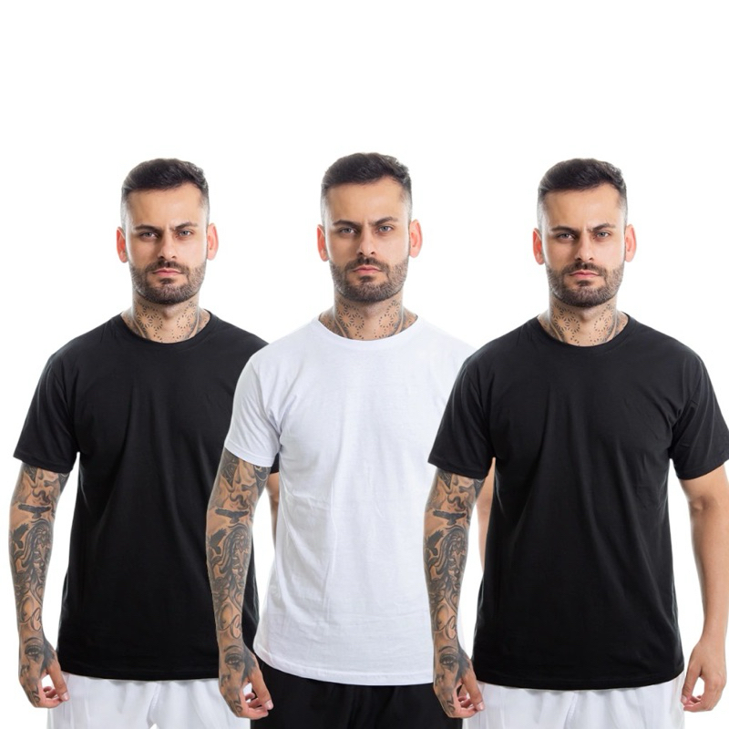 Kit Com 3 Camisetas Básicas 100% Algodão 30.1 Penteado Masculina Promoção