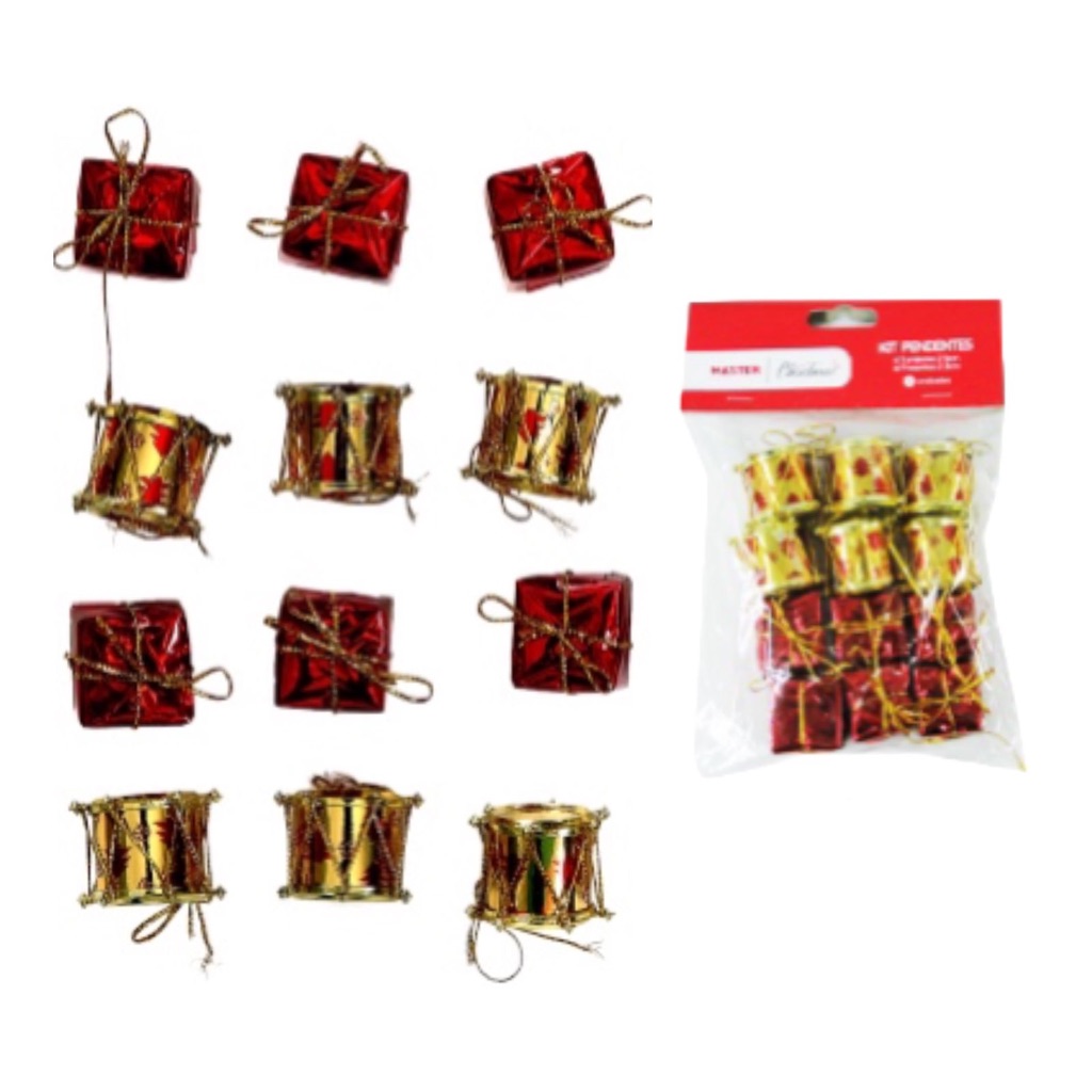 Kit enfeite natalino para árvore de Natal vermelho e dourado com 12 peças tambor e presente pendente enfeites arvore