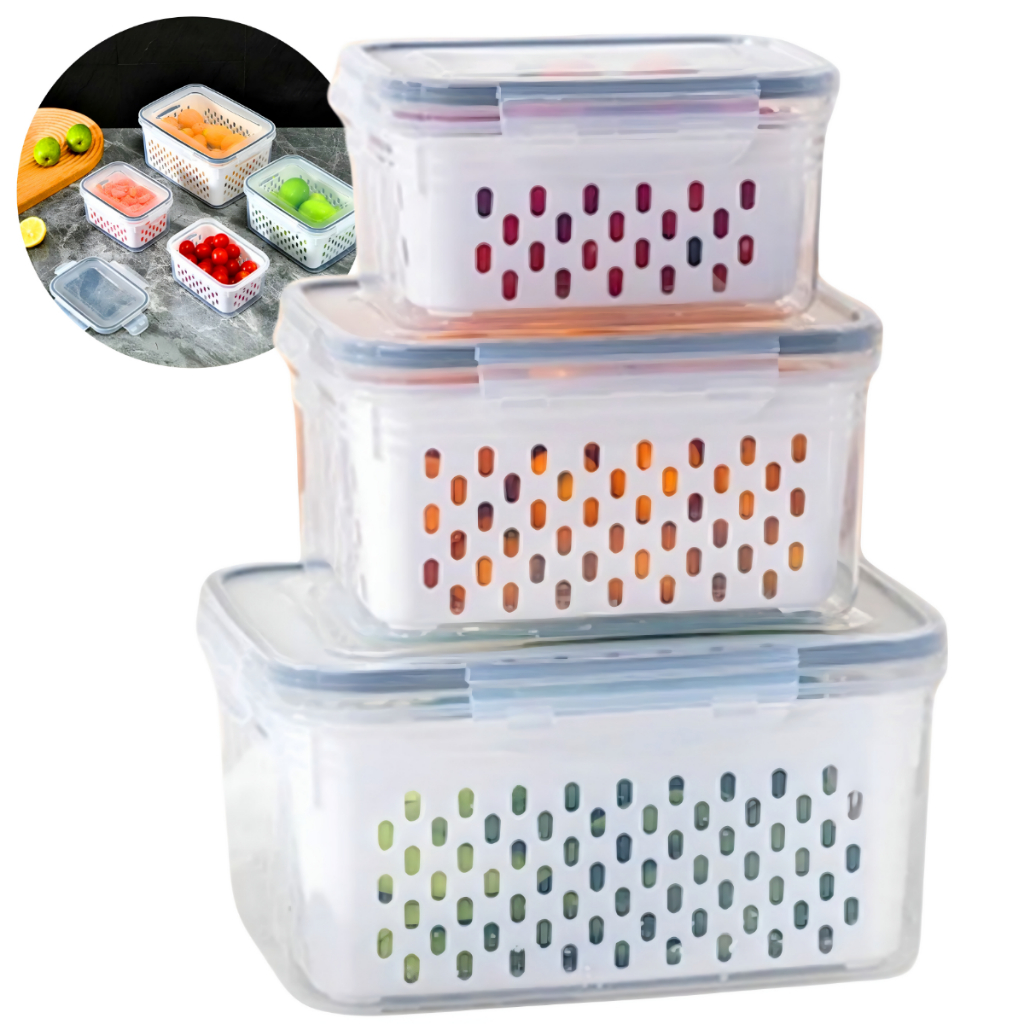Organizador De Geladeira Pote Alimentos Vegetais Kit Com 3 Com Cesto Tampa Hermético Cozinha Armário