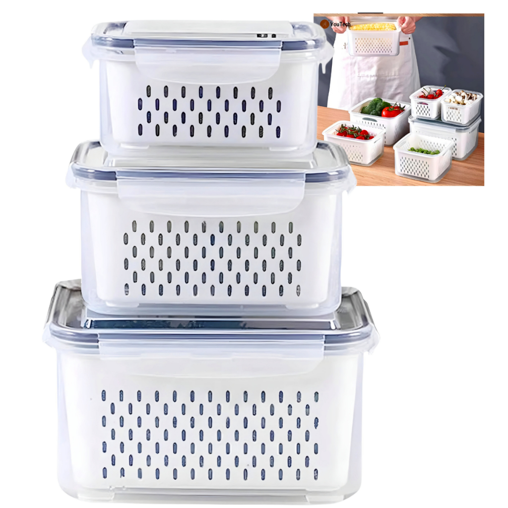 3 Potes Organizador Geladeira Vasilha Plástico Com Cesto Porta Mantimentos Transparente Hermético