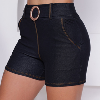 Shorts Jeans Feminino Curto Cinto Fivela Bolso Elastano bermuda M ao Extra em Oferta na Shopee