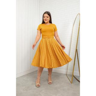 Vestido Midi Godê AMARELHO Poá com Cinto Moda Feminina Evangélica em Oferta na Shopee