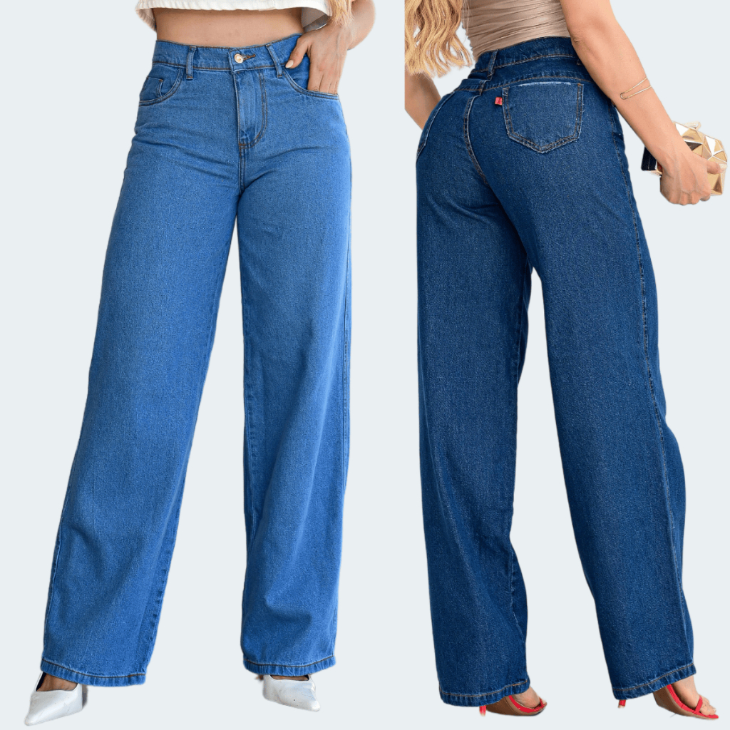 Kit 2 Calça Wide Leg Jeans Cos Alto 100% Algodão em Oferta na Shopee